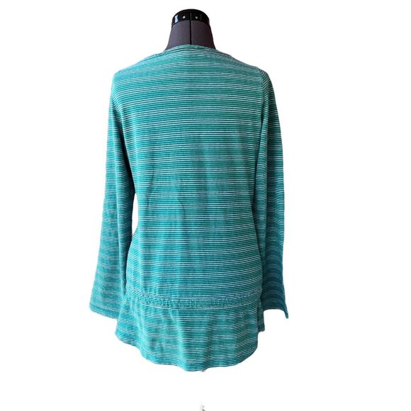 Royal Robbins Green Stripe Scoop-Neck Top Drawstring Waist Roll-Tab Sleeve Sz. M - Picture 4 of 6